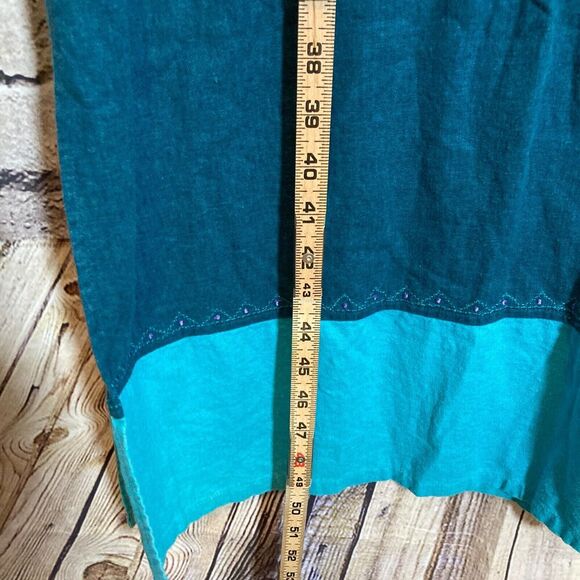 Vintage Studio Ease Midi Dress Womens 14 Linen Teal Turquoise Safari Elephant - Picture 13 of 13
